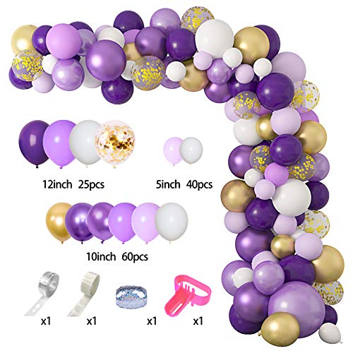 129 Piezas Kit de Arco de Globo de Látex Globos Morados Púrpura Blancos Dorado Globos Confeti Morados Metalizado para Decoración de Boda Cumpleaños de la Graduación Fiesta