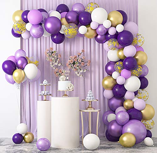 129 Piezas Kit de Arco de Globo de Látex Globos Morados Púrpura Blancos Dorado Globos Confeti Morados Metalizado para Decoración de Boda Cumpleaños de la Graduación Fiesta