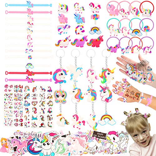 133PCS Regalo de cumpleaños de unicornio, llavero, anillos para el pelo, pegatinas, tatuajes para niños, piñata de unicornio, regalo de cumpleaños para niñas