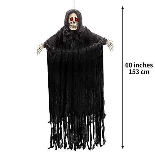 152 cm Parca Colgante Animada con Cadena y Sonido Espeluznante, Decoraciones de Fantasmas de Esqueleto de Halloween para Casa Embrujada, Exteriores /Interiores