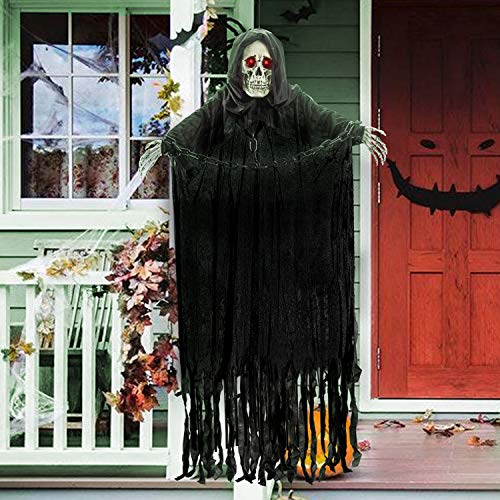 152 cm Parca Colgante Animada con Cadena y Sonido Espeluznante, Decoraciones de Fantasmas de Esqueleto de Halloween para Casa Embrujada, Exteriores /Interiores