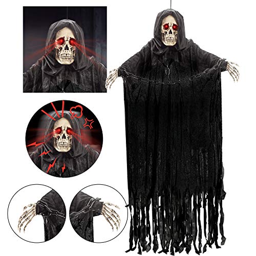 152 cm Parca Colgante Animada con Cadena y Sonido Espeluznante, Decoraciones de Fantasmas de Esqueleto de Halloween para Casa Embrujada, Exteriores /Interiores