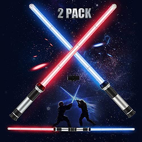 2 Piezas Espadas Láser Telescópicas, 2 en 1 LED Glow Stick Toy de Plegables con Sonido, Juguetes de Juego de Batalla de Espada Láser para Niños para Fiestas de Disfraces de Halloween