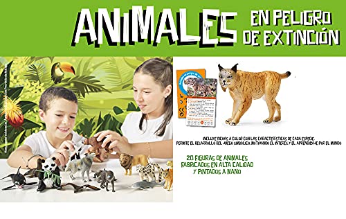 20 Figuras de Animales en Peligro de extinción de plástico Pintados a Mano. Colección 20 Juegos de Animales . Incluye ficha técnica con Las características de Cada Animal