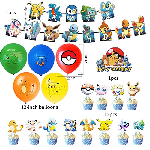 24 Piezas Globo Pokemon HANEL-Globos de Fiesta Látex Balloons, Pikachu Happy Birthday Banner Suministros de Fiesta Cumpleaños para Niño Celebraciones y Suministros