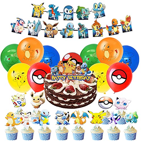 24 Piezas Globo Pokemon HANEL-Globos de Fiesta Látex Balloons, Pikachu Happy Birthday Banner Suministros de Fiesta Cumpleaños para Niño Celebraciones y Suministros