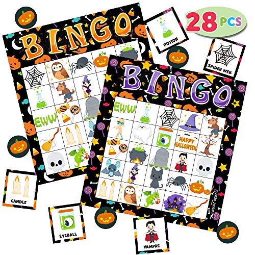 28 cartas de juego de bingo de Halloween (5 x 5) para niños, fiestas de Halloween, juegos de cartas, juegos de aulas, trucos o tratamientos, fiestas de Halloween, actividades familiares