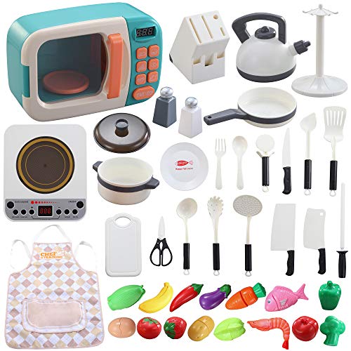 42 pcs de utensilios de cocina de juego de simulación, juguete para niños con microondas, placa de inducción electrónica, ollas y sartenes, juego para cortar Grandes regalos de aprendizaje para niños