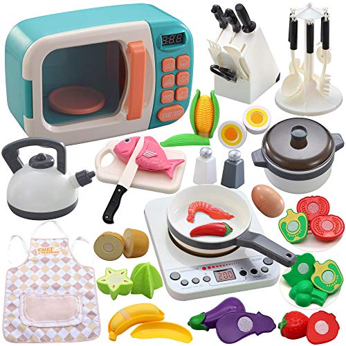 42 pcs de utensilios de cocina de juego de simulación, juguete para niños con microondas, placa de inducción electrónica, ollas y sartenes, juego para cortar Grandes regalos de aprendizaje para niños