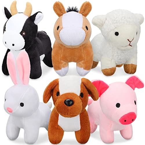 6 Mini Juguetes de Animal Peludo de Granja de Peluche Muñeca Suave de Oveja Perro Conejo Vaca Cerdo Caballo de Felpa Animales de Granja de Peluche con Relleno para Decoración de Cumpleaños