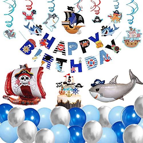 63x Pirata Animal marino Decoraciones de cumpleaños para niños - Pancarta de feliz cumpleaños brillo, Sea Rover Tiburón Globos, Remolinos de animales marinos, Detalles Fiesta de Infantiles