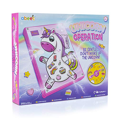 abeec Operación Unicornio - Juego de Operación Unicornio para Niñas - Juego de mesa para niños 6+ - Juguete de unicornio para niñas - Retire las partes del cuerpo o enfréntate al zumbador