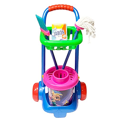 Acan Carro Infantil de Limpieza de Juguete con Cubo, Escoba, fregona y jabón 57 x 31 x 20 cm, plástico, tareas del hogar, Barrer, Fregar, Regalo para niños, Color y diseño Aleatorio