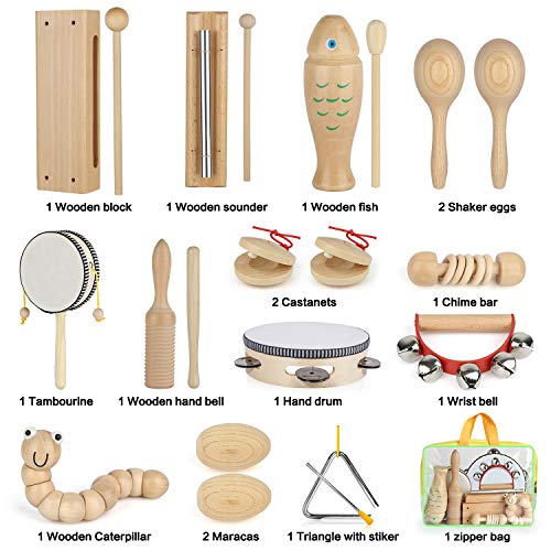 AILUKI Instrumentos musicales de madera, 21 piezas, juego de instrumentos musicales, juego de percusión, juguete para niños pequeños