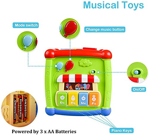 AiTuiTui Música Cubo de Actividades, 6 en 1 Incluye Caja de música Bloques Reloj Habilidades Motoras Juguetes educativos con luz de Sonido de 1 Años Regalo para bebés Niños