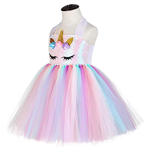 AJEUNGAIN Disfraz Unicornio Niña para Fiesta de Cumpleaños, Lentejuela Disfraz Princesa Unicornio Niña, Disfraz Vestido Unicornio, Vestido Tutú para Niñas de Flores Arcoíris