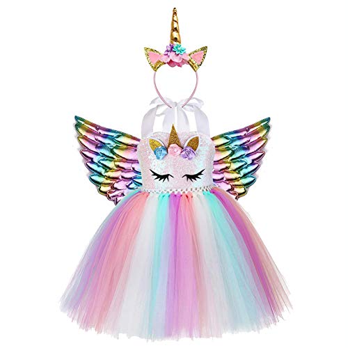 AJEUNGAIN Disfraz Unicornio Niña para Fiesta de Cumpleaños, Lentejuela Disfraz Princesa Unicornio Niña, Disfraz Vestido Unicornio, Vestido Tutú para Niñas de Flores Arcoíris