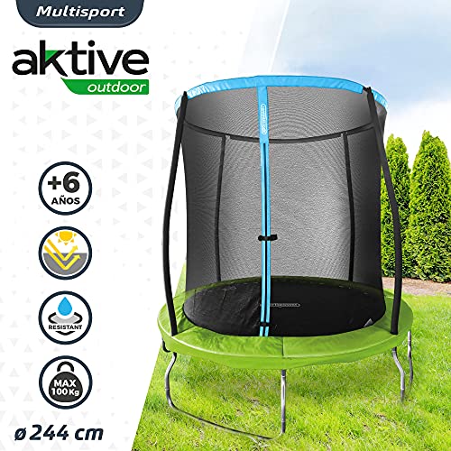 Aktive 54083 - Cama elástica infantil exterior, Trampolines para niños exterior, medidas 244x242 cm, peso máx 100 kg, +6 años, con red de seguridad, trampolín resistente, protección UV, Aktive Sports