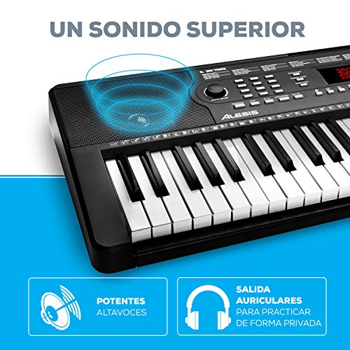 Alesis Melody 54 - Piano eléctrico portátil con teclado de 54 teclas de estilo piano, altavoces integrados, micrófono y atril, 300 sonidos y 300 ritmos, 40 canciones demo, características educativas