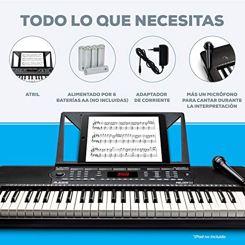 Alesis Melody 54 - Piano eléctrico portátil con teclado de 54 teclas de estilo piano, altavoces integrados, micrófono y atril, 300 sonidos y 300 ritmos, 40 canciones demo, características educativas