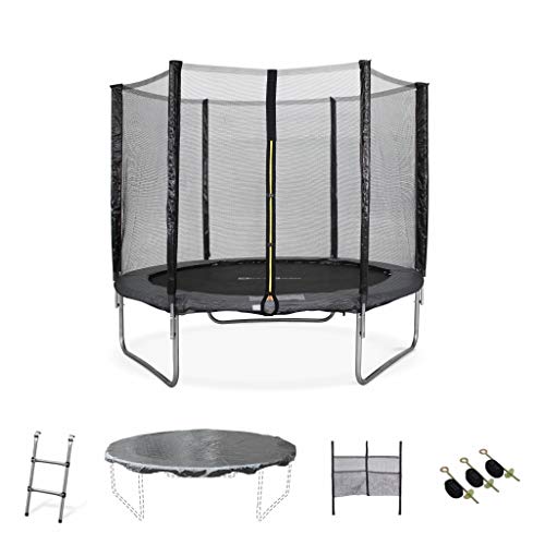 Alice's Garden Cama elástica Gris, Trampolín de 245 cm, aguanta hasta 100 kg (Estructura Reforzada). Incluye: Escalera + Funda Protectora + bolsilla para Zapatos+ Kit de Anclaje - Pluton XXL