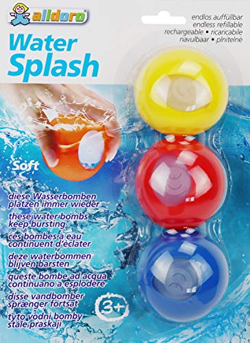 alldoro 63027 – Water Splash – Juego de 3 bombas de agua, reutilizables y con cierre automático, globos de agua para jardín, playa y fiesta, para niños a partir de 3 años y adultos, amarillo/rojo/azul