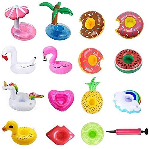 Amaza 15 Piezas Linda & Gran Flotabilidad Posavasos Flotadores Set con 1 Bomba de Aire Libre para Piscina Hot Tub Luau Party