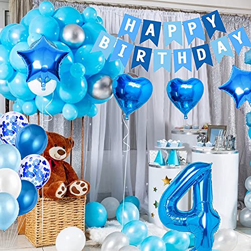 Amycute 4er Decoraciones de Cumpleaños Globos, Feliz Cumpleaños Globos 4 Años Azul, Globos Número 4 Digitales Gigante del Papel de Aluminio, Globos de Confeti de Latex para Fiestas Niños