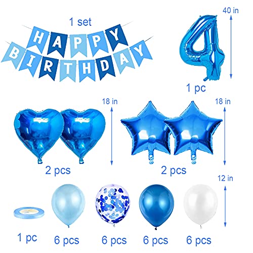 Amycute 4er Decoraciones de Cumpleaños Globos, Feliz Cumpleaños Globos 4 Años Azul, Globos Número 4 Digitales Gigante del Papel de Aluminio, Globos de Confeti de Latex para Fiestas Niños