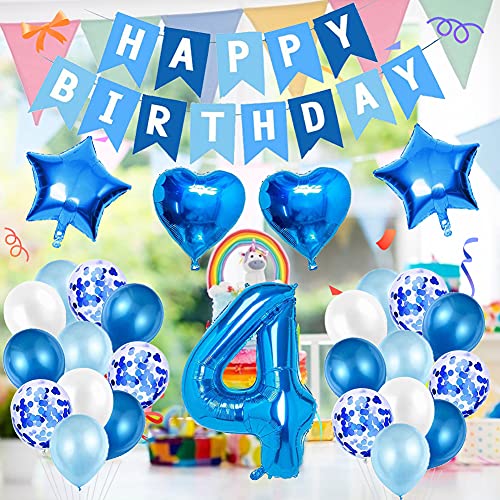 Amycute 4er Decoraciones de Cumpleaños Globos, Feliz Cumpleaños Globos 4 Años Azul, Globos Número 4 Digitales Gigante del Papel de Aluminio, Globos de Confeti de Latex para Fiestas Niños