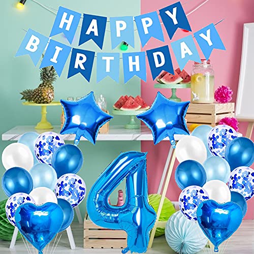 Amycute 4er Decoraciones de Cumpleaños Globos, Feliz Cumpleaños Globos 4 Años Azul, Globos Número 4 Digitales Gigante del Papel de Aluminio, Globos de Confeti de Latex para Fiestas Niños