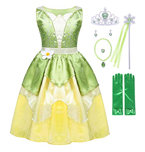 AmzBarley Disfraces de Princesa Tiana Niñas Vestidos Vestido de Fiesta Cumpleaños Partido Cosplay Halloween Carnaval Elegante