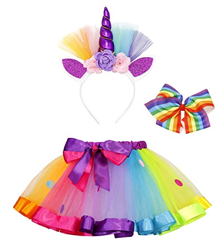 AmzBarley Disfraz de Unicornio para niña Falda de tutú arcoíris con Pinza de Pelo Arcoiris y aro de Pelo Unicornio para espectáculos de Baile de Fiesta M