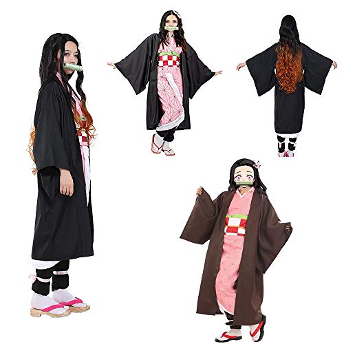 Anime Cosplay Disfraz Demon Slayer Kamado Nezuko Juego de rol Trajes con Bambú Mujeres Rosa Kimono Halloween Fiesta Carnaval Ropa (S)