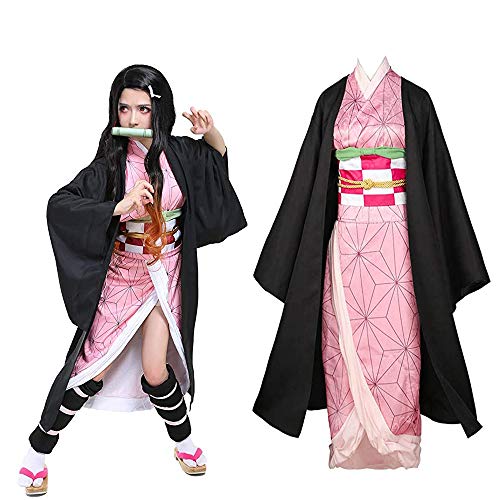 Anime Cosplay Disfraz Demon Slayer Kamado Nezuko Juego de rol Trajes con Bambú Mujeres Rosa Kimono Halloween Fiesta Carnaval Ropa (S)