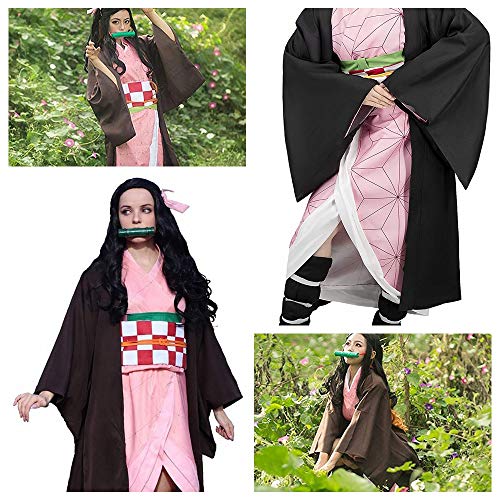 Anime Cosplay Disfraz Demon Slayer Kamado Nezuko Juego de rol Trajes con Bambú Mujeres Rosa Kimono Halloween Fiesta Carnaval Ropa (S)