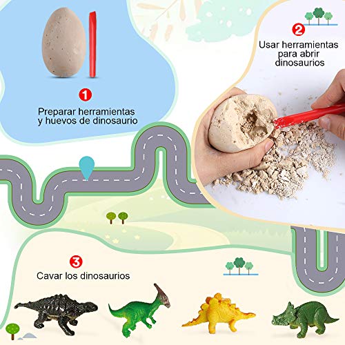 Anpro 12 Huevos de Dinosaurio,Kit de Excavación,Incluye 12 Figuras de Dinosaurios de Juguete, Regalo Infantil para Aprender Ciencias de la Arqueología