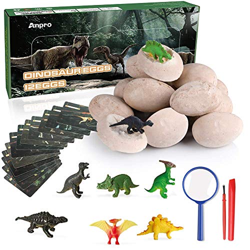 Anpro 12 Huevos de Dinosaurio,Kit de Excavación,Incluye 12 Figuras de Dinosaurios de Juguete, Regalo Infantil para Aprender Ciencias de la Arqueología