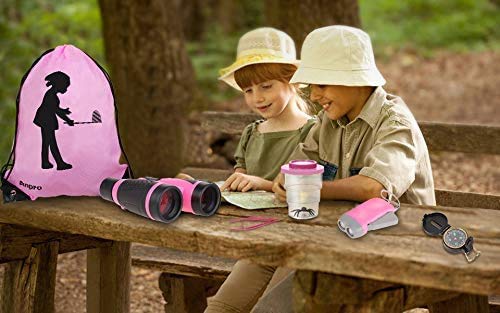 Anpro 25 en 1 Juguetes para Exploraciones de Naturaleza Aventurera para Niños, Binoculares, Silbato, Lupa, Brújula, Regalo para Niños,(Rosado)