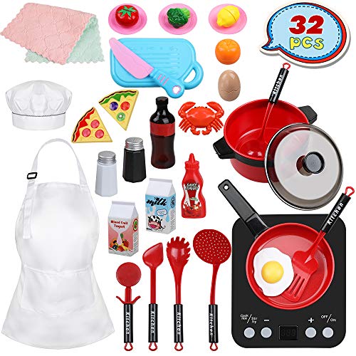 Anpro 32 PCS Kit de Cocina para Niños,Juguetes de Cocina Set,Juego de Cocina con Utensilios de Cocina,Juguete de Corte,Frutas,Vegetales,Delantal,Regalos de Fiestas, Cumpleaños, Navidad para Niños