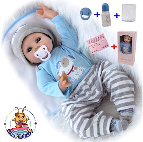 antboat Muñecas Reborn Bebé Niño 22 Pulgadas 55cm Silicona Suave Vinilo Natural Hecho a Mano Ojo Azul Reborn Niño Juguetes para Bebés Recién Nacidos Reborn Doll