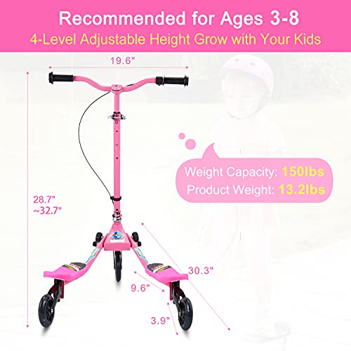 AOODIL Drifting Scooter para niños, 3 Ruedas Plegable Swing Scooters Tri Slider Plegable Push Wiggle con Mango Ajustable y 2 Ruedas LED traseras para niños y niñas de 3 a 10 años