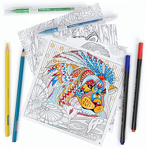 Arteza Libro de colorear para adultos, diseños de animales y dibujos para garabatear, libreta de 16,3 x 16,3 cm, 72 hojas de 150 g/m², ideal para la ansiedad, relájate coloreando, hojas extraíbles