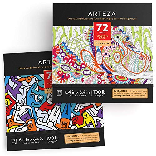 Arteza Libro de colorear para adultos, diseños de animales y dibujos para garabatear, libreta de 16,3 x 16,3 cm, 72 hojas de 150 g/m², ideal para la ansiedad, relájate coloreando, hojas extraíbles