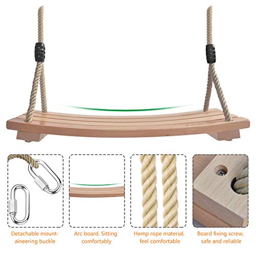 Asiento de Columpio de Madera con Cuerda de cáñamo Ajustable, Columpio de árbol para niños y Adultos, Juego de Columpio de Cuerda para Juegos de jardín al Aire Libre en Interiores (17.7Lx7.9W)