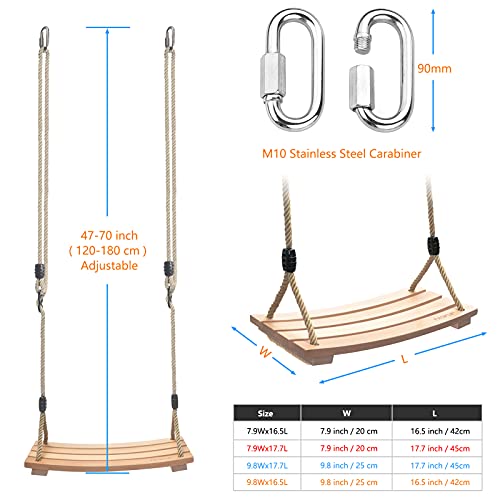 Asiento de Columpio de Madera con Cuerda de cáñamo Ajustable, Columpio de árbol para niños y Adultos, Juego de Columpio de Cuerda para Juegos de jardín al Aire Libre en Interiores (17.7Lx7.9W)