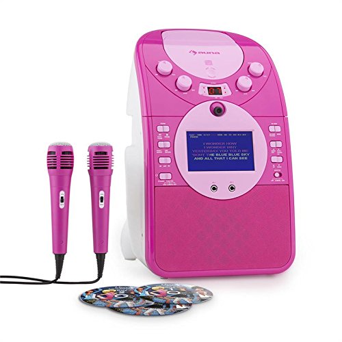 Auna ScreenStar - Karaoke, Pantalla TFT de 3.5", 2 micrófonos dinámicos, Cámara Frontal, Altavoz Integrado, Salida de Video, Reproductor CD+G, USB, MP3, 3 CDs con Canciones de Karaoke, Rosa