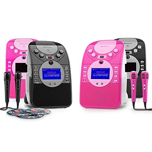 Auna ScreenStar - Karaoke, Pantalla TFT de 3.5", 2 micrófonos dinámicos, Cámara Frontal, Altavoz Integrado, Salida de Video, Reproductor CD+G, USB, MP3, 3 CDs con Canciones de Karaoke, Rosa