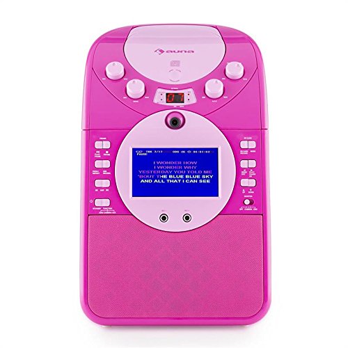 Auna ScreenStar - Karaoke, Pantalla TFT de 3.5", 2 micrófonos dinámicos, Cámara Frontal, Altavoz Integrado, Salida de Video, Reproductor CD+G, USB, MP3, 3 CDs con Canciones de Karaoke, Rosa