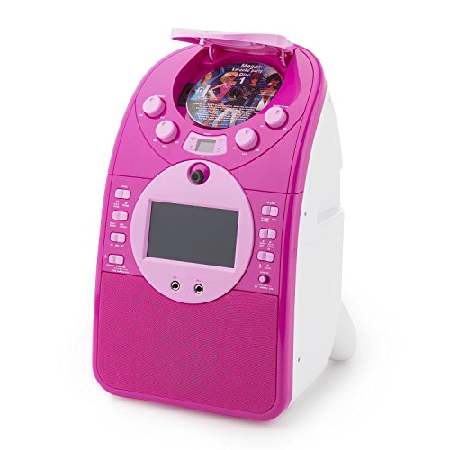 Auna ScreenStar - Karaoke, Pantalla TFT de 3.5", 2 micrófonos dinámicos, Cámara Frontal, Altavoz Integrado, Salida de Video, Reproductor CD+G, USB, MP3, 3 CDs con Canciones de Karaoke, Rosa